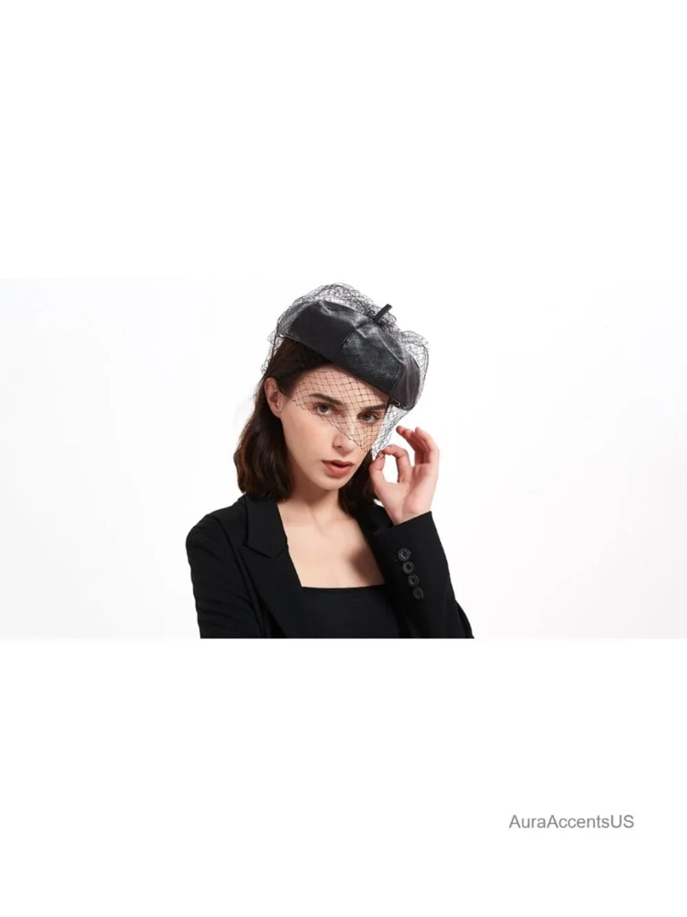 PU Leather Newsboy Cap with Veil Adjustable Fiddler Baker Boy Hat